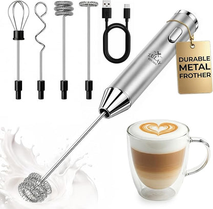 Zulay Kitchen Metal Rechargeable Milk Frother, 3 Whisk Attachments Handheld Frother Wand, 1800mAh USB-C Charging, Electric Drink Mixer for Protein, Matcha & Powders - One Charge Lasts up to 6 Months by ZulayKitchen