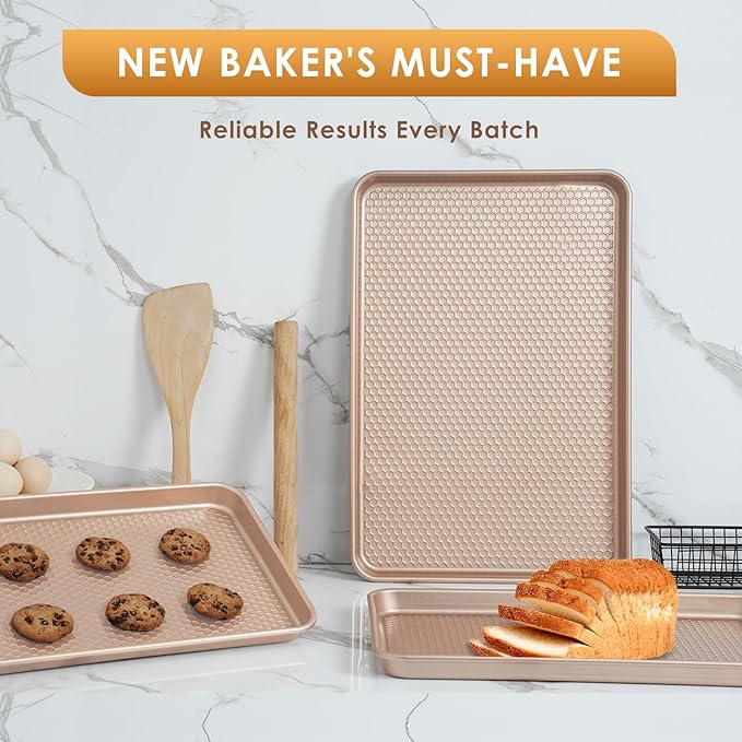 Baking Sheet Pan Set of 3, Nonstick Carbon Steel Cookie Sheets with Texture, Commercial Half/Quarter/Jelly Roll Pans Replacement Toaster Oven Tray, Heavy Duty & Easy Clean, Rose Gold - Image 7