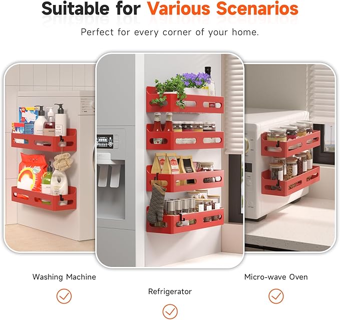 Sevenblue 4 Pack Strong Magnetic Spice Rack for Refrigerator, Multipurpose Magnetic Shelf for Fridge with 4 Hooks for kitchen and Bathroom Organization, Red - Image 6