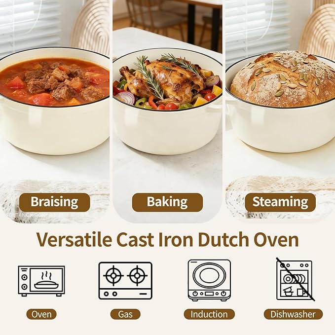 Enameled Cast Iron Dutch Oven with Lid -6.5 QT, incl. Sourdough Bread-Baking Supplies like Banneton Proofing Basket, Heavy Duty Cookware Bread-Oven for Baking, Stews, and Roasting, Cream White - Image 8