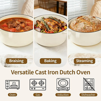 Enameled Cast Iron Dutch Oven with Lid -6.5 QT, incl. Sourdough Bread-Baking Supplies like Banneton Proofing Basket, Heavy Duty Cookware Bread-Oven for Baking, Stews, and Roasting, Cream White - Image 8