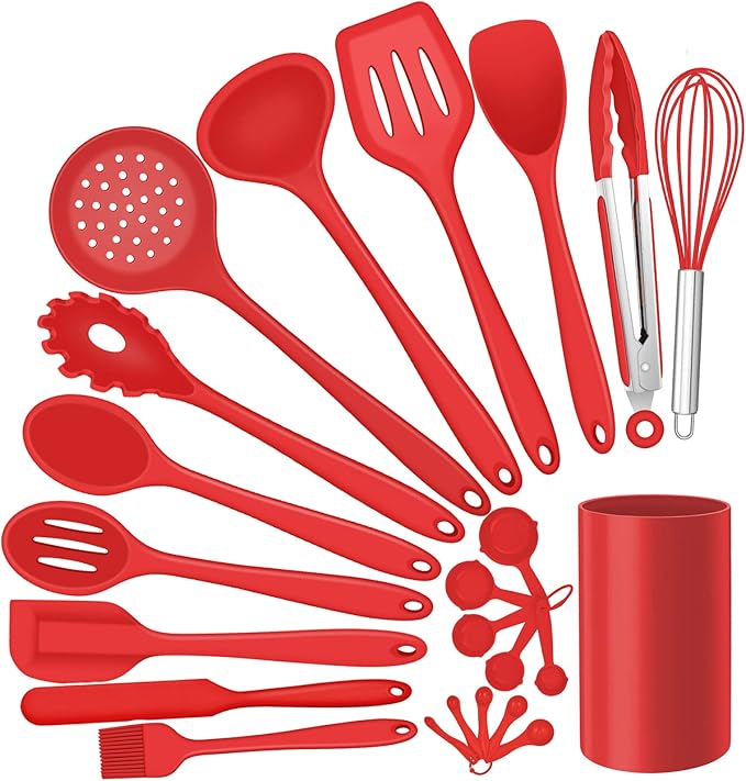 Silicone Kitchen Utensils Set, E-far 23 Pcs Red Cooking Utensils Tools with Holder for Nonstick Cookware, Include Spatula/Spoon/Ladle/Tongs/Turner, Heat Resistant & Nontoxic, Dishwasher Safe by E-far