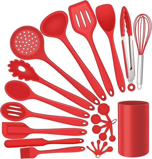 Silicone Kitchen Utensils Set, E-far 23 Pcs Red Cooking Utensils Tools with Holder for Nonstick Cookware, Include Spatula/Spoon/Ladle/Tongs/Turner, Heat Resistant & Nontoxic, Dishwasher Safe by E-far