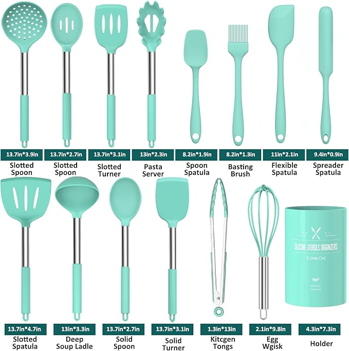 Silicone Cooking Utensil Set, Umite Chef 15pcs Silicone Cooking Kitchen Utensils Set, Non-stick - Best Kitchen Cookware with Stainless Steel Handle - Green - Image 2