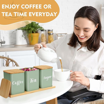 Tioncy Coffee Tea Sugar Container with Tray Set of 3 Airtight Metal Canister with Bamboo Lid Tray for Kitchen Counter Dining Room Farm House Kitchen Style Drink Station Organizer Set (Sage Green) - Image 6