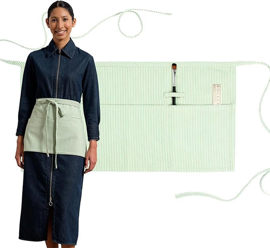 MEEMA Chef Waist Apron Cotton Fabric |Washable & Breathable Waitress & Server Half Aprons for Women with Pockets & Long Waist Straps | Cooking, Baking, Grilling & Crafting