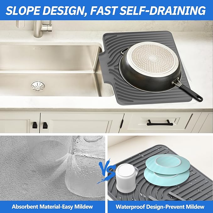 Dish Drying Mat for Kitchen Counter, with Built-in Drain Wide Lip, Food-Grade Silicone, Easy Clean Pad for Countertop Protection, Multi-Functional Use (18×12 Wide Lip, Grey) - Image 4