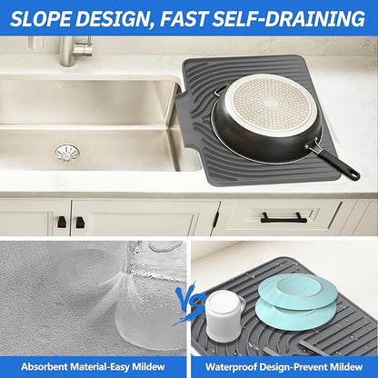 Dish Drying Mat for Kitchen Counter, with Built-in Drain Wide Lip, Food-Grade Silicone, Easy Clean Pad for Countertop Protection, Multi-Functional Use (18×12 Wide Lip, Grey) - Image 4