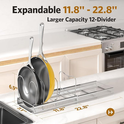 ORDORA Pots and Pans Organizer under Cabinet with Pan Holder: Expandable 11.8"-22.8" Kitchen Cabinet Organizer Rack, 12 Adjustable Dividers Storage for Cookie Sheets, Cutting Boards & Lid, Silver - Image 2