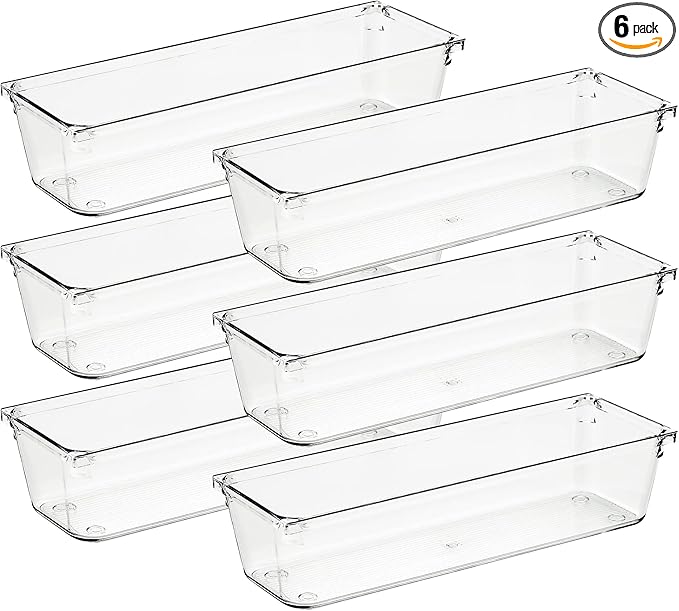 Ravinte 6 Pack Drawer Organizer - 3" X 9" Plastic Storage Bins, Acrylic Organizers with Non-Slip Pads Clear Desk Storage Tray for Makeup, Jewelries, Kitchen Utensils, Bathroom and Office by Ravinte