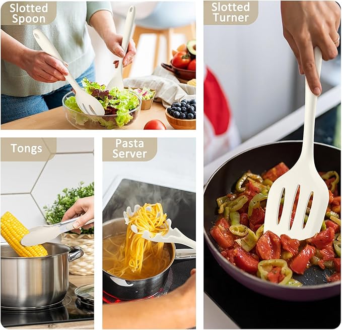 10 Pack Kitchen Utensils Set for Cooking, Leonyo Silicone Cooking Utensils Set, 446°F Heat Resistant Silicone Kitchen Tool with Turner Spatula, Serving Spoon, Whisk for Nonstick Cookware - White