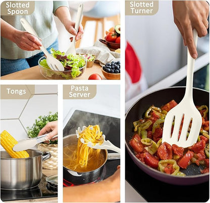 10 Pack Kitchen Utensils Set for Cooking, Leonyo Silicone Cooking Utensils Set, 446°F Heat Resistant Silicone Kitchen Tool with Turner Spatula, Serving Spoon, Whisk for Nonstick Cookware - White
