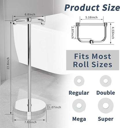 RARXTR Toilet Paper Holder Stand, Post Pivoting Design Free Standing Toilet Paper Holder, SUS304 Stainless Steel Toilet Paper Roll Holder, Heavy Stable Base (Chrome)