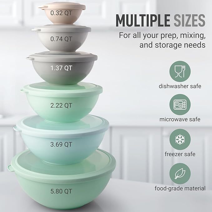 Zulay Kitchen 12 Piece Plastic Nesting Mixing Bowl Set - Colorful Bowls with Lids - Microwave and Freezer Safe (Mint Ombre) - Image 3
