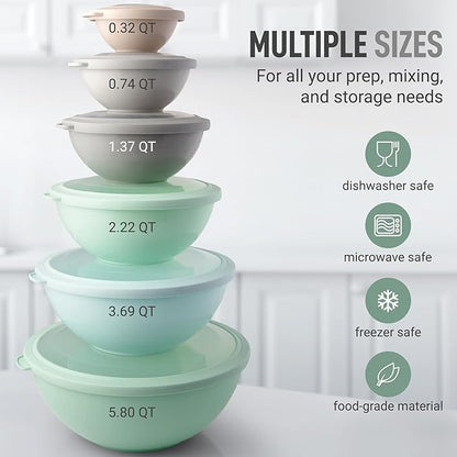 Zulay Kitchen 12 Piece Plastic Nesting Mixing Bowl Set - Colorful Bowls with Lids - Microwave and Freezer Safe (Mint Ombre) - Image 3