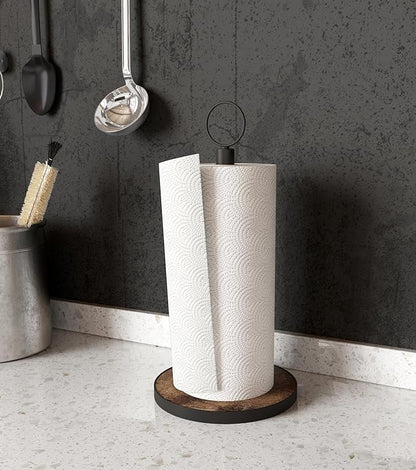 OROPY Paper Towel Holder Countertop with Heavy Duty Wood Base, Farmhouse Paper Towel Roll Stand for Kitchen Counter fits Standard and Jumbo Size Paper Towels (Brown) - Image 2