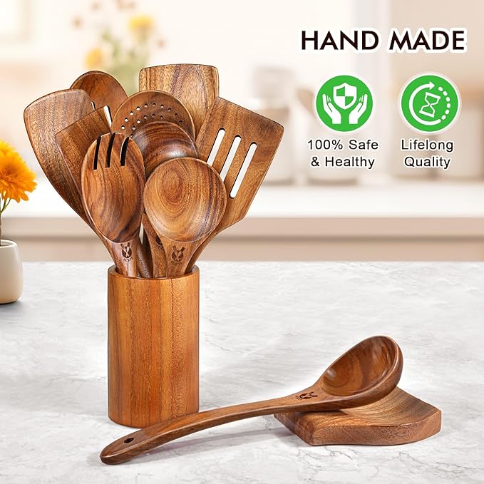 12 Pcs Teak Wooden Utensil Set with Holder & Spoon Rest, Wooden Spoons for Cooking with Comfort Grip, Wooden Cooking Utensils Set for Nonstick Cookware, Lightweight & Heat Resistant Kitchen Utensils - Image 6