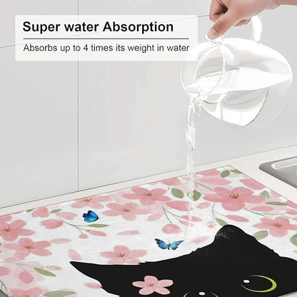 Flowers Black Cat Butterfly Dish Drying Mat for Kitchen Counter, 18"x24" Microfiber Absorbent Fast Dry Mat, 2Pcs Dish Mat Faucet Mats Sets, Large Drying Kitchen Mat Kitchen Drying Pad Coffee Bar Decor