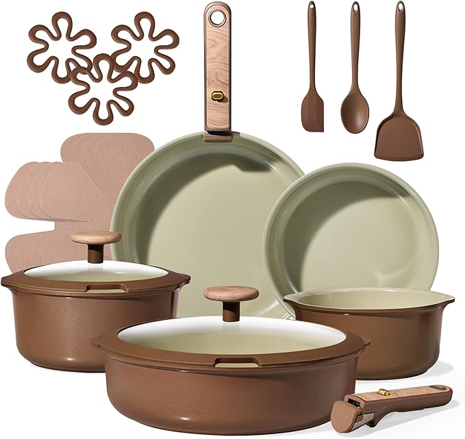 CAROTE Ceramic Cookware Set, Pots and Pans Set Non Stick with Detachable Handle, RV Kitchen Cooking Set, Induction & Oven Safe, PFAS and PFOA Free, Pistachio Green 19 Pcs by CAROTE