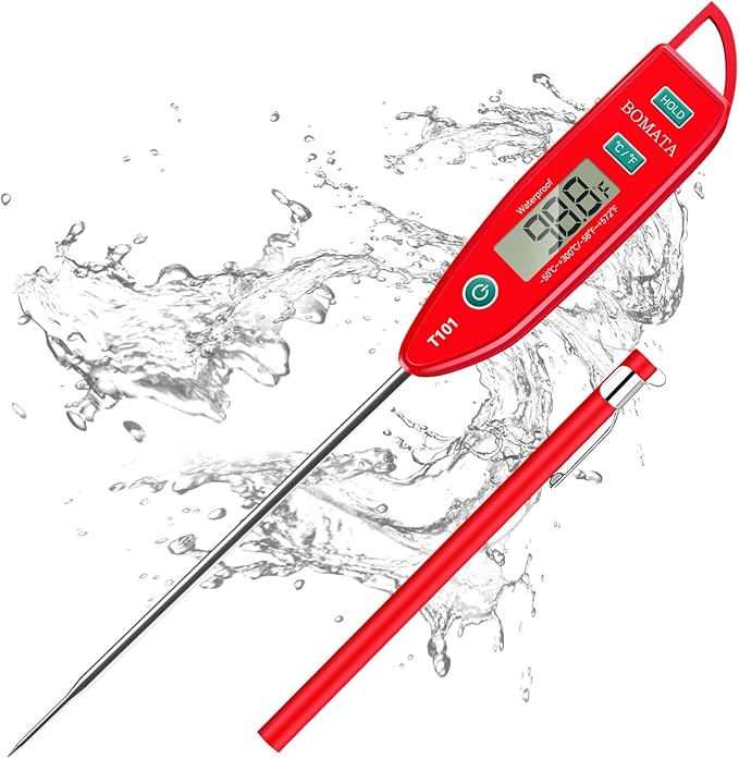 BOMATA Waterproof IPX7 Thermometer for Water, Liquid, Candle and Cooking. Instant Read Food Thermometer with Long Probe for Cooking, Meat, BBQ! T101 (Red Color)……… by BOMATA