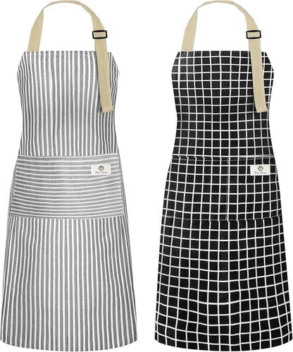NLUS 2 Pack Kitchen Cooking Aprons, Adjustable Bib Waterproof Chef Apron with 2 Pockets for Men Women(Grey Stripe/Black Plaid) by NLUS