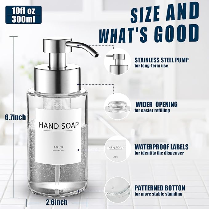 Glass Foaming Hand Soap Dispenser, 10 oz Easy Refill Glass Soap Dispenser, Foam Dispenser with Stainless Steel Pump & Waterproof Labels, Clear Foam Soap Bottle for Bathroom Countertop - Image 2