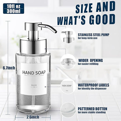 Glass Foaming Hand Soap Dispenser, 10 oz Easy Refill Glass Soap Dispenser, Foam Dispenser with Stainless Steel Pump & Waterproof Labels, Clear Foam Soap Bottle for Bathroom Countertop - Image 2