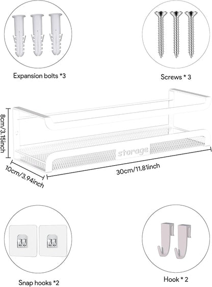 Spice Rack Wall Mount with Hooks - Spice Racks Organizer for Cabinet Storage, Wall Mounted Hanging Shelf Seasoning Organizer, for Kitchen, Pantry Door, Bathroom (White, 1 Pack)