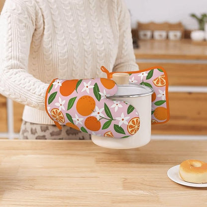 Tropical Fruit Oranges Silicone Oven Mitts Pan Mats Set of 2, Heat Resistant Gloves Potholder with Non-Slip Grips Hanging Loops Pot Holder, Spring Summer for Chef Cooking, Baking, Grilling, BBQ