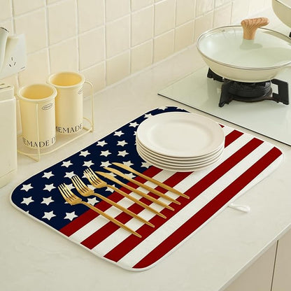4th of July Dish Drying Mat 18 x 24 Inch Patriotic Red Stripe Navy Blue Stars Drying Mat for Kitchen Counter Absorbent Independence Day Memorial Day Dishes Dry Pad for Drainer Rack Kitchen Fast Dry