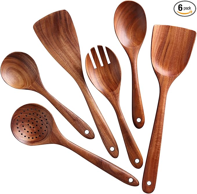 6Pcs Wooden Utensil Set, Natural Acacia Wooden Spoons for Cooking, Non-Stick, Smooth Finish, Easy to Clean, Comfort Grip, Kitchen Wooden Cooking Utensils Set