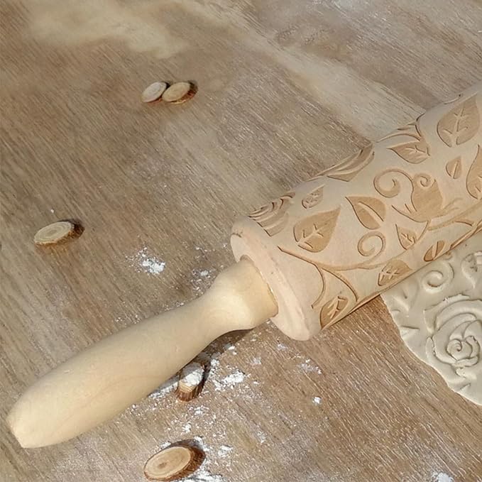 Ragyzity Wooden Embossed Rolling Pin for Baking, Rose Flower Embossed Engraved Carved Rolling Pin, Wooden Roll Pin Laser Engraved Rolling Pin DIY Tool for Making Cookie Dough Crusts Pies Pastry - Image 6