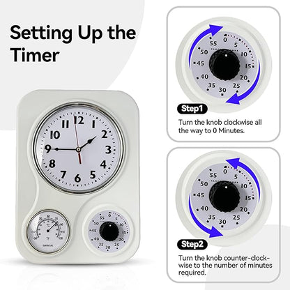 Lily's Home - 9.5 Inch x 12.5 Inch - Retro Kitchen Wall Clock, Vintage Wall Clock with a Thermometer and 60-Minute Timer, Ideal for Any Kitchen, Office, or Diner (White)