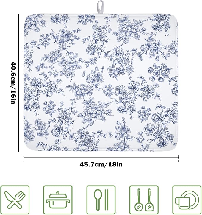 Blue Floral Dish Drying Mat for Kitchen Counter Chinoiserie Flower Microfiber Dish Drainer Mat Vintage Rustic Elegant Absorbent Washable Drying Pad Extra Large 16"x18"