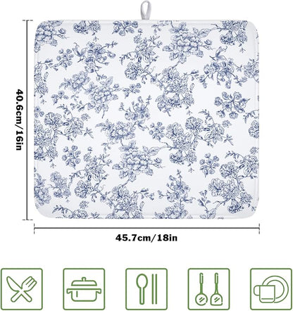 Blue Floral Dish Drying Mat for Kitchen Counter Chinoiserie Flower Microfiber Dish Drainer Mat Vintage Rustic Elegant Absorbent Washable Drying Pad Extra Large 16"x18"