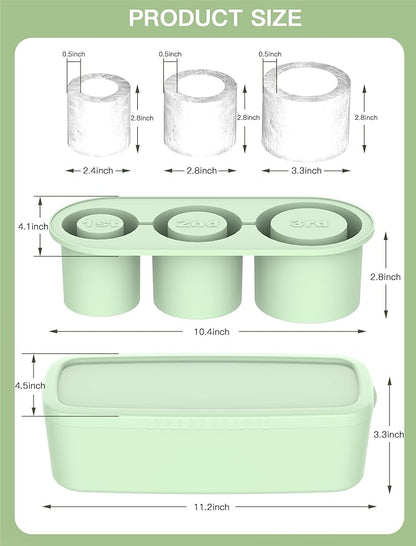 Ice Cube Tray for Tumbler Cup 30Oz-40Oz, 3 Pcs Silicone Cylinder Ice Mold with Lid and Bin for Freezer, Easy Fill and Release Ice Maker for Whiskey, Cocktail BPA-Free (Green, 40Oz-Type1)