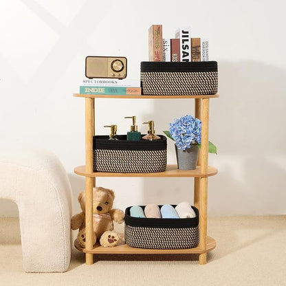 MiniArk Small Storage Baskets for Organizing | Closet Organizer Bins | Shelf Toy Basket | Woven Rope Baskets | Cube Decorative Box | Shallow Basket | 13x8.5x5.1” | 4 Packs Black Brown