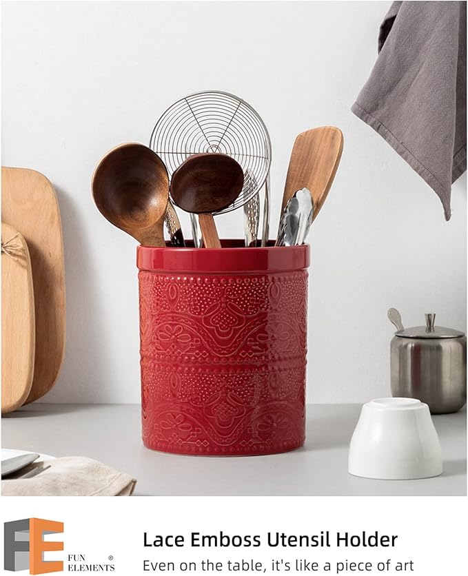 FUN ELEMENTS Kitchen Utensil Holder, 7.2" Super Large Utensil Crock Heavy and Stable Lace Emboss Ceramic Utensil Holder for Kitchen Counter (Christmas Red) - Image 2