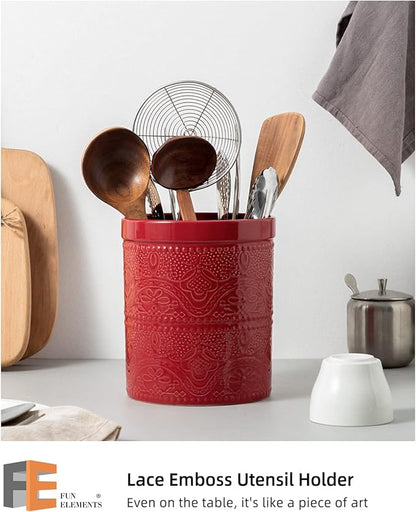 FUN ELEMENTS Kitchen Utensil Holder, 7.2" Super Large Utensil Crock Heavy and Stable Lace Emboss Ceramic Utensil Holder for Kitchen Counter (Christmas Red) - Image 2
