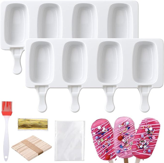 Juome Cake Pop Mold Kit, 8 Cavities Small Cakesicle Molds Silicone with 100 Wooden Sticks & 100 Packaging Bags with Ties, Cake Pop Maker Supplies Accessories, Baking Tools for Home Baking Desserts by Juome