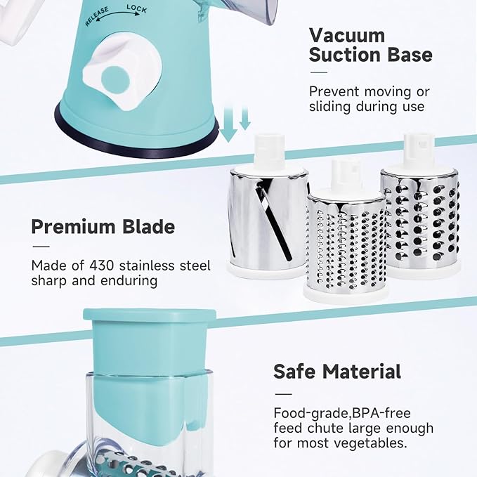 Rotary Cheese Grater, Cheese Grater Hand Crank with 3 Interchangeable Blades, Manual Cheese Shredder with Strong Suction Base, Easy to Use and Clean, Blue - Image 5