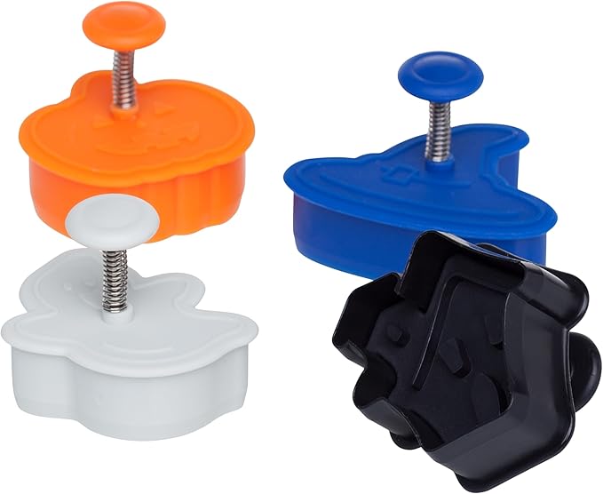 Ateco 1992 Halloween Themed Plunger Cutters, Set of 4 Shapes for Cutting Decorations & Direct Embossing, Spring-loaded Handle, Food Safe Plastic