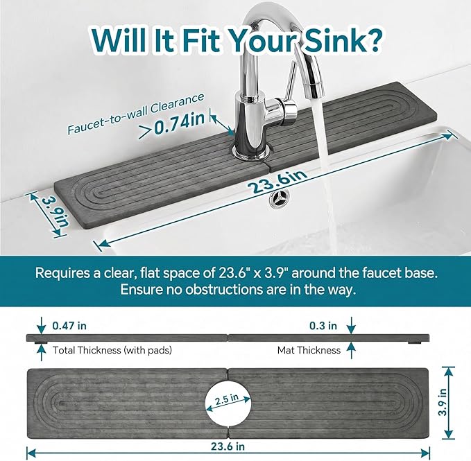 Stone Faucet Mat for Kitchen Sink-Diatomite Drying Stone Mat& Sink Protector,Quick Dry Water Absorbing Stone Tray ,Sink Splash Guard for Kitchen Counter & Bathroom Counter (Dark Grey, 23.6"X3.9") - Image 2