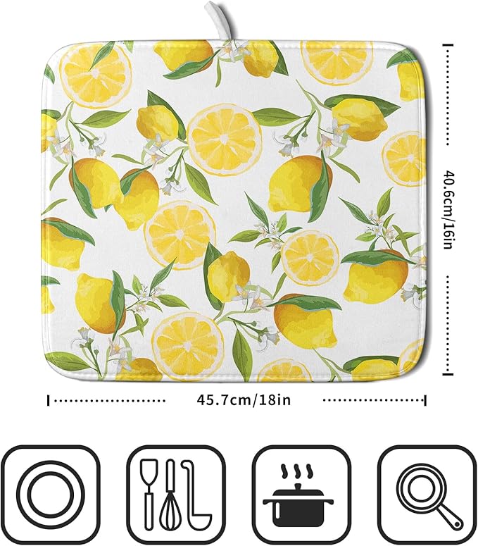 Lemon Dish Drying Mat for Kitchen Counter Spring Summer Microfiber Absorbent Dish Draining Reusable Washable Foldable 16"x18" - Image 2