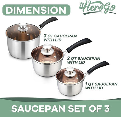 Herogo Saucepan Set with Lid, 1 Quart & 2 Quarts & 3 Quarts 18/10 Stainless Steel Sauce Pan Pot, Small Cooking Pot for Home Kitchen, Dishwasher Safe - Image 2