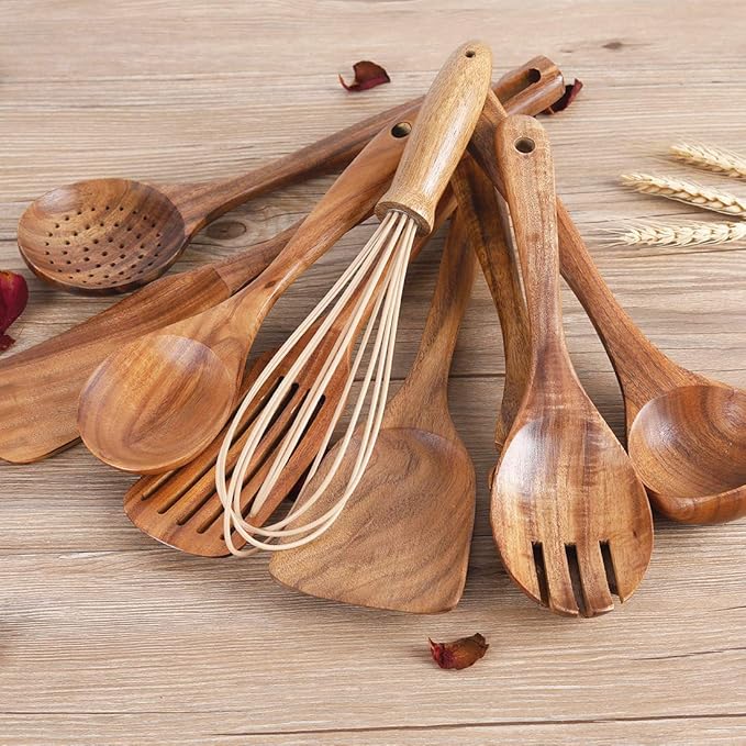 Kitchen Utenails Set with Holder,Kitchen Wooden Utensils for Cooking, Wood Utensil Natural Teak Wood Spoons for Cooking,Wooden Kitchen Utensil Set With Spatula and Ladle (11) - Image 6