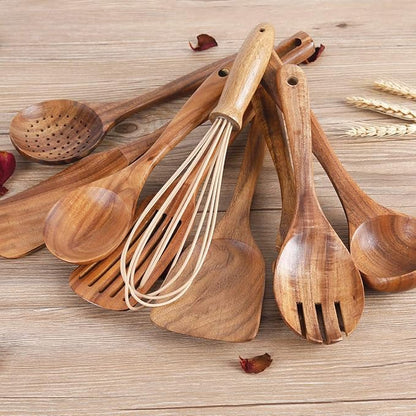 Kitchen Utenails Set with Holder,Kitchen Wooden Utensils for Cooking, Wood Utensil Natural Teak Wood Spoons for Cooking,Wooden Kitchen Utensil Set With Spatula and Ladle (11) - Image 6