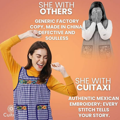 Cuitáxi Traditional Mexican apron for women with deep pockets and beautiful flower embroidery 1 piece - Mandiles para mujer