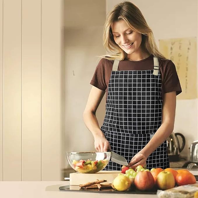 NLUS 2 Pack Kitchen Cooking Aprons, Adjustable Bib Waterproof Chef Apron with 2 Pockets for Men Women(Grey Stripe/Black Plaid) - Image 6