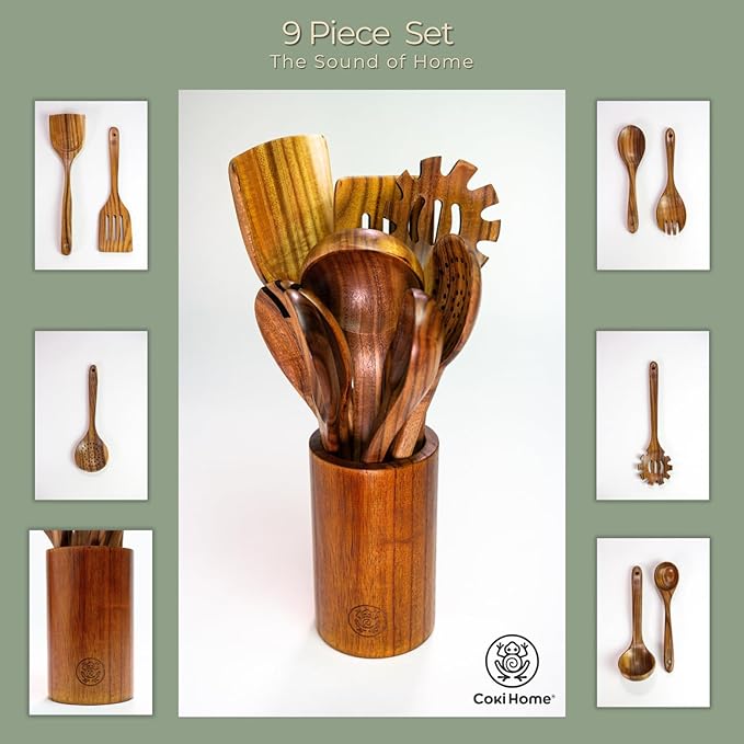 Wooden Cooking Utensils Set – Coki Home 9-Piece Teak Wood Kitchen Utensils with Holder, Nonstick Safe, Plastic-Free, Food-Safe Cooking Tools
